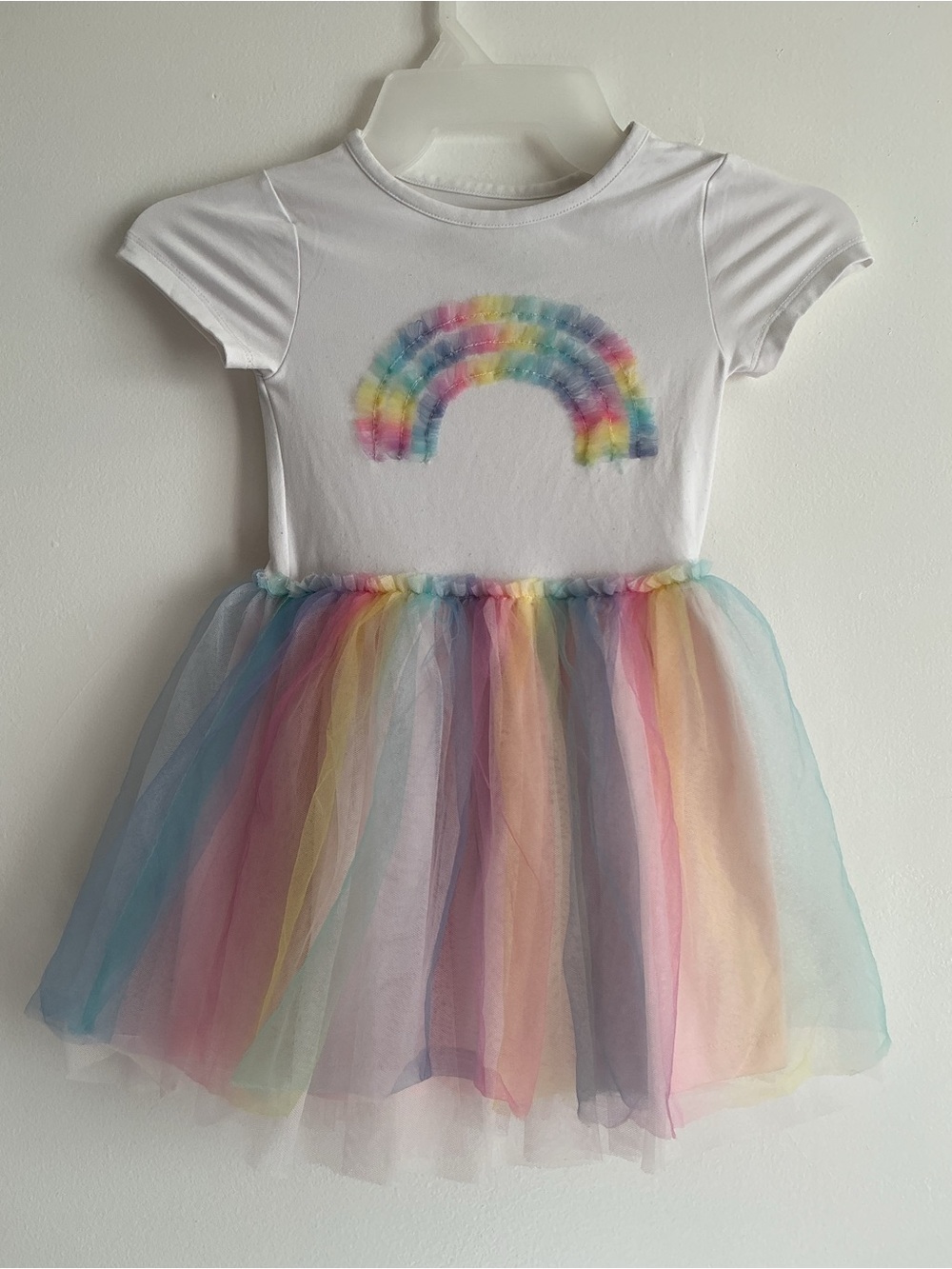 Epic Threads White Tee with Pastel Rainbow Tulle